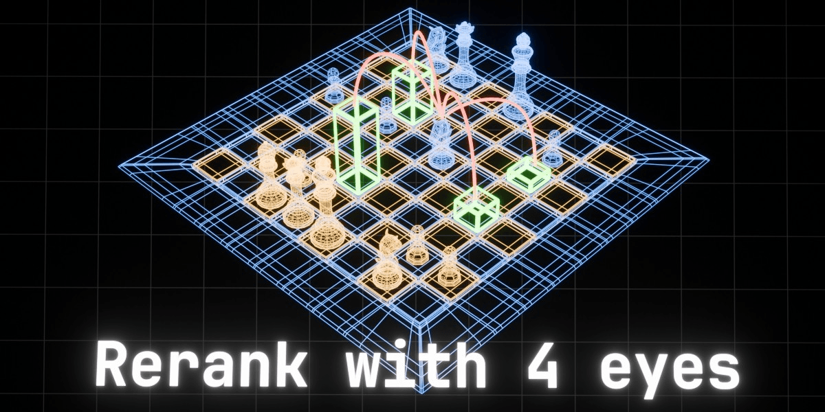 Wireframe chessboard in three-quarter view. A knight in the middle sends four red arcs to four squares, each topped by a green column of different height; the title reads "Rerank with 4 eyes".