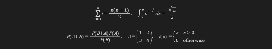 LaTeX formulas (sum, integral, fractions) rendered by the RDTMD engine