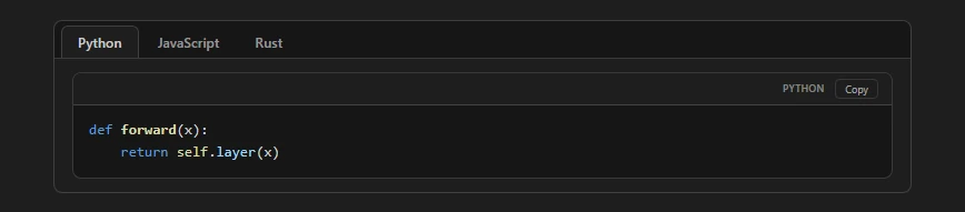 Python, JavaScript and Rust tabs with syntax highlighting